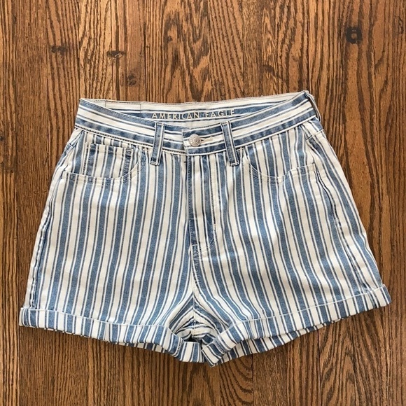 American Eagle Blue Stripes High Rise Jean Shorts - Picture 3 of 8